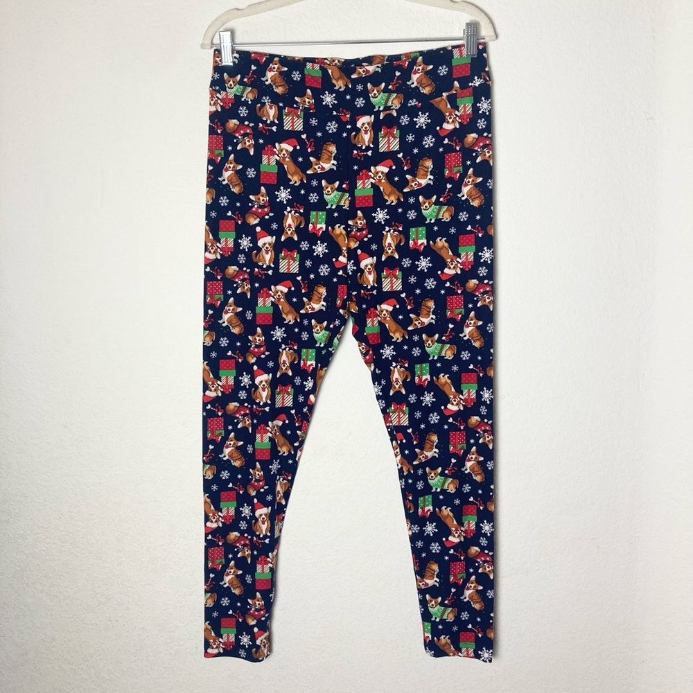 Time and Tru Blue Christmas Corgi Dog Designed Mid Rise Fitted Stretch Leggings